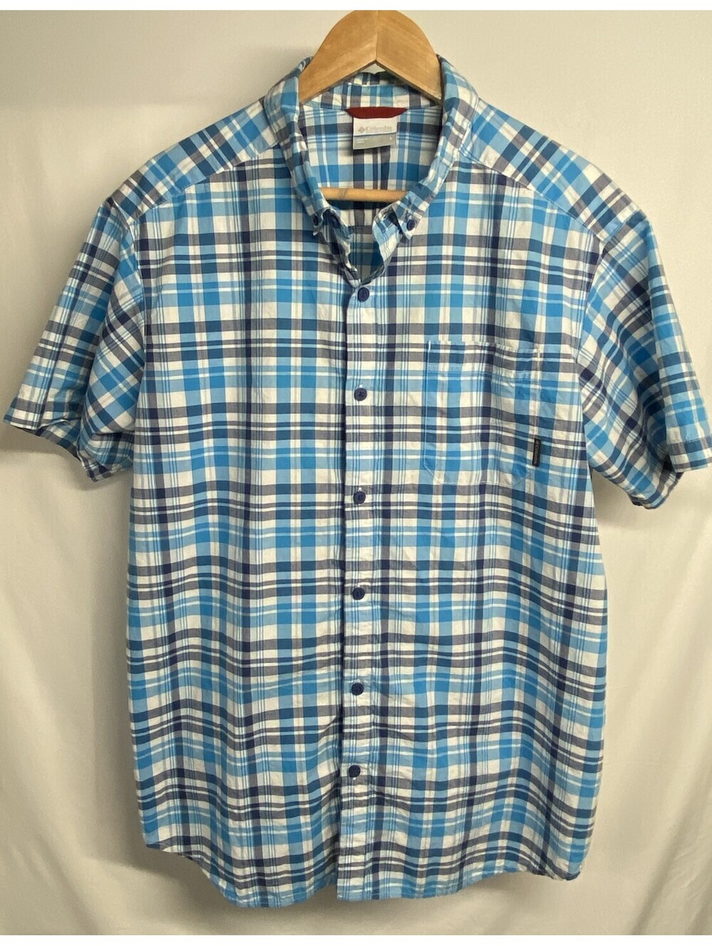 COLUMBIA Mens Short Sleeve Shirt Size L Button-Down Blue White Plaid